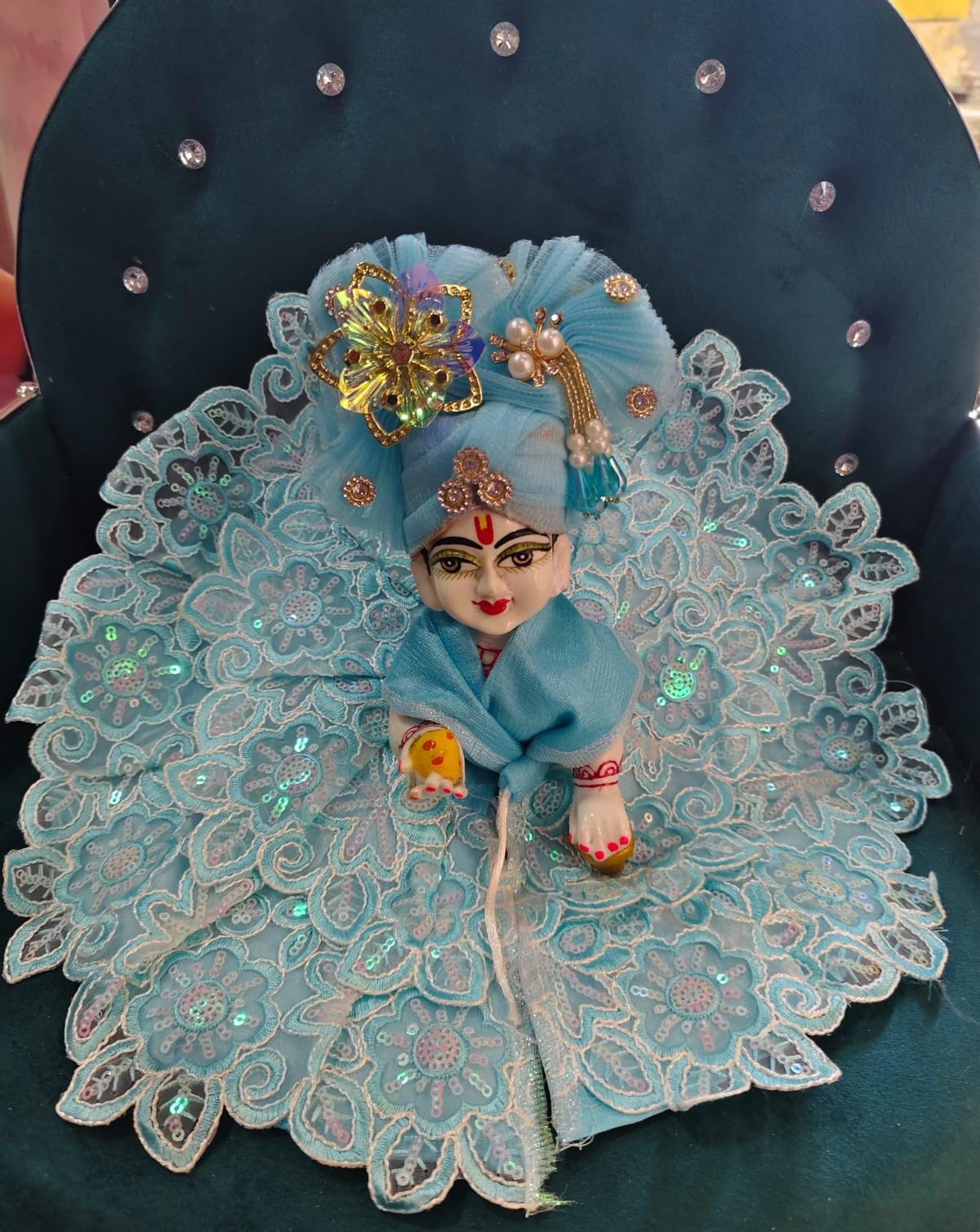 Handmade Sky Blue Laddu Gopal Poshak with Floral Lace & Turban